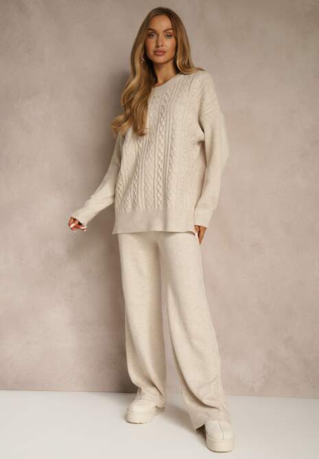 Jasnobeżowy Dzianinowy Komplet z Wełną w Warkoczowy Splot Spodnie i Sweter Reinette