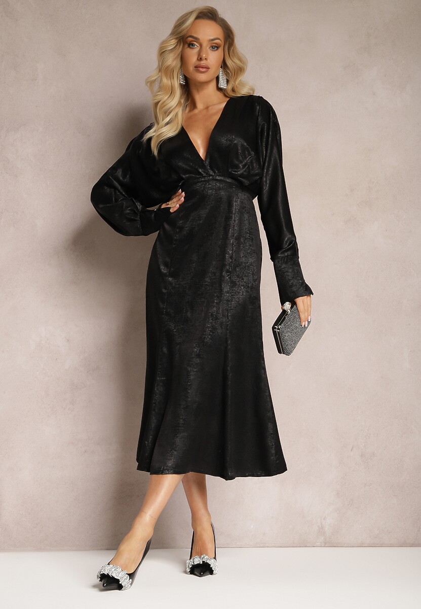 Czarna Sukienka Midi z Gumką w Pasie i Rękawami Nietoperz Botella