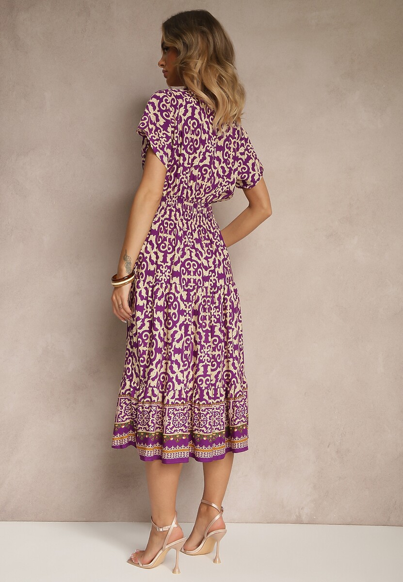 Ciemnofioletowa Sukienka z Bawełny z Trójkątnym Dekoltem i Gumką w Talii Zapinana na Guziki Lavlea