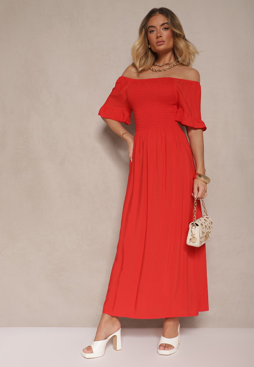 Czerwona Rozkloszowana Sukienka Hiszpanka z Bawełny z Elastyczną Górą Maissa