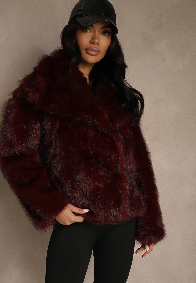 Bordowa Kurtka ze Sztucznego Futra Ozdobiona Kołnierzem Meriian