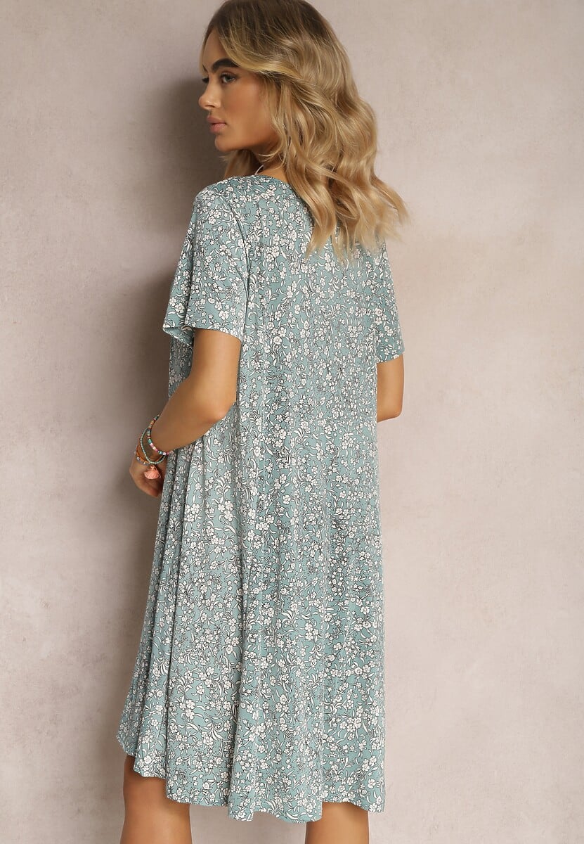 Zielona Krótka Sukienka Letnia z Wiskozy w Kwiaty Kidda