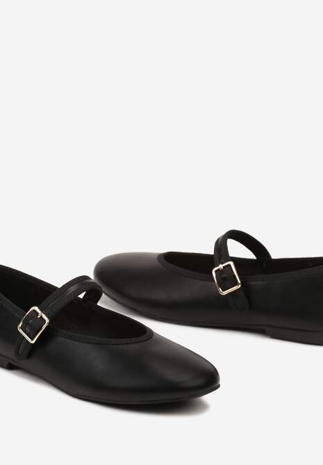 Czarne Balerinki na Płaskiej Podeszwie Mary Jane ze Sprzączką Mevali