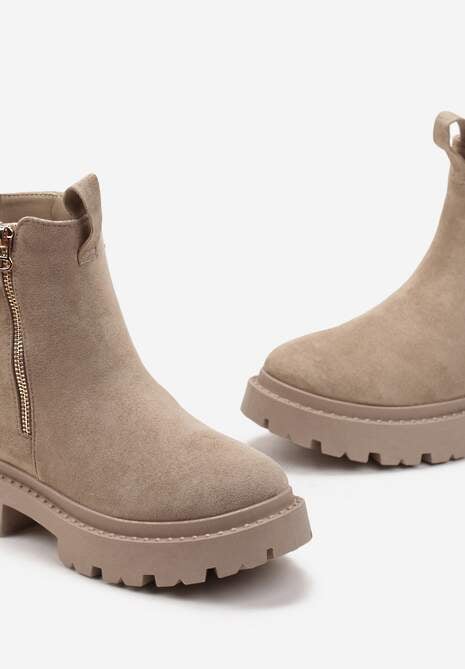 Beżowe Botki z Ozdobną Taśmą z Nadrukiem Dudrey