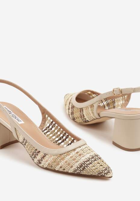 Beżowe Sandały na Słupku Slingback Ozdobione Szydełkową Cholewką Novilissea