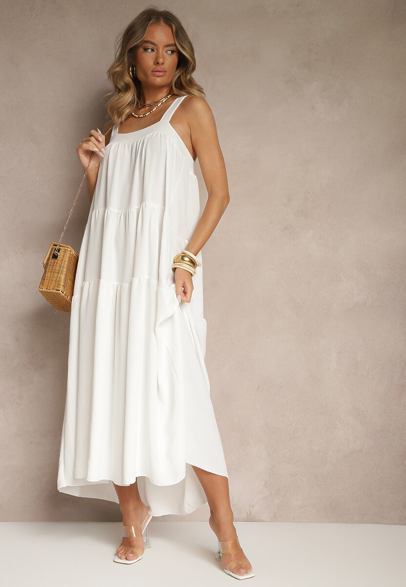 Biała Rozkloszowana Sukienka Ozdobiona Wiązaniem na Plecach Saviande