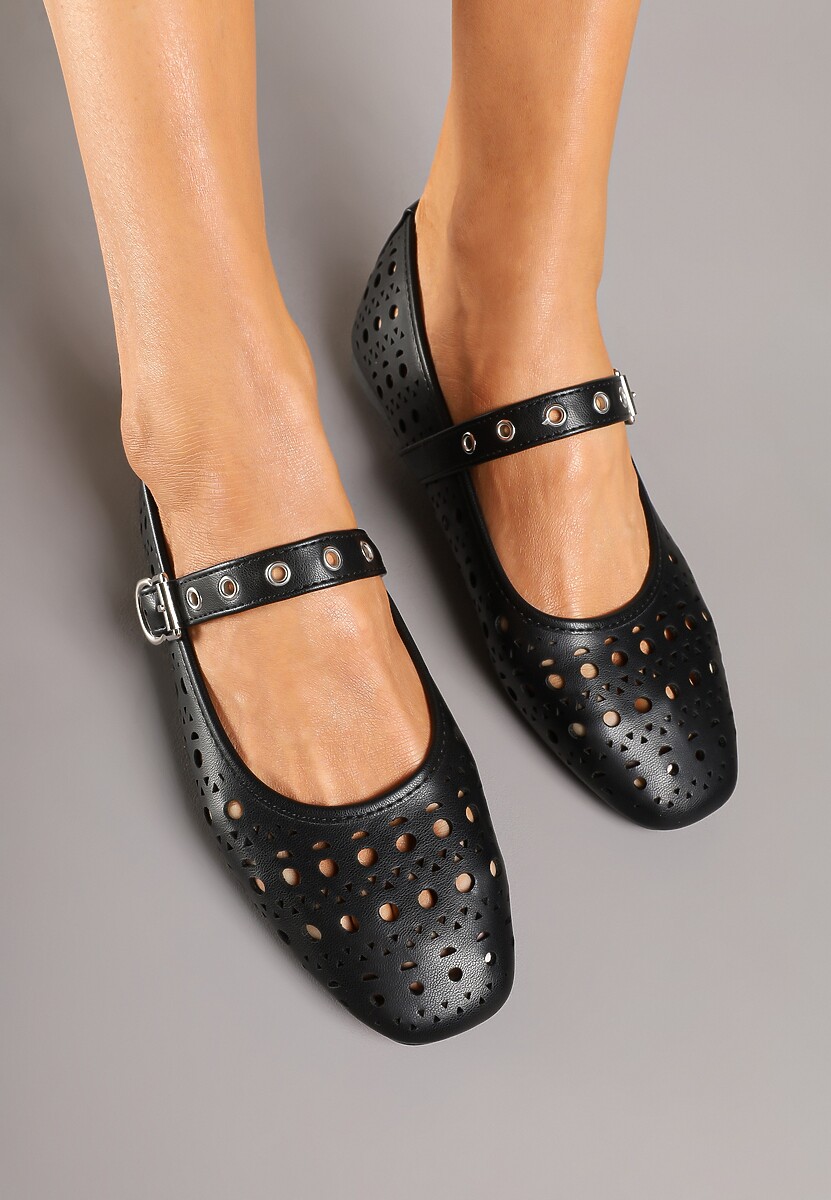 Czarne Ażurowe Balerinki z Rockowym Paskiem z Klamerką Ilionra