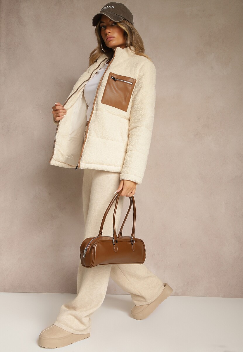 Beżowa Pikowana Kurtka z Futerkiem Teddy Olenesia