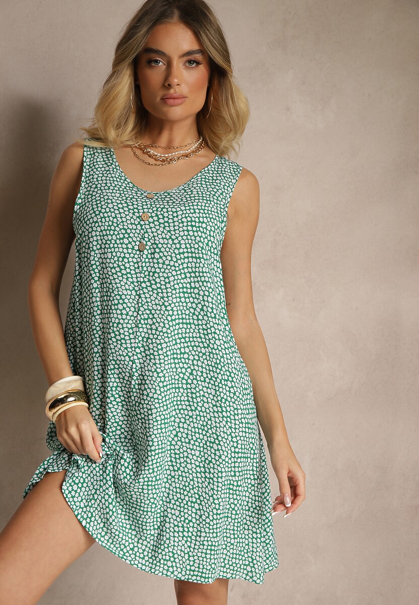 Czarna Sukienka Rozkloszowana z Bawełny z Guzikami i Kwiatami Lisariela