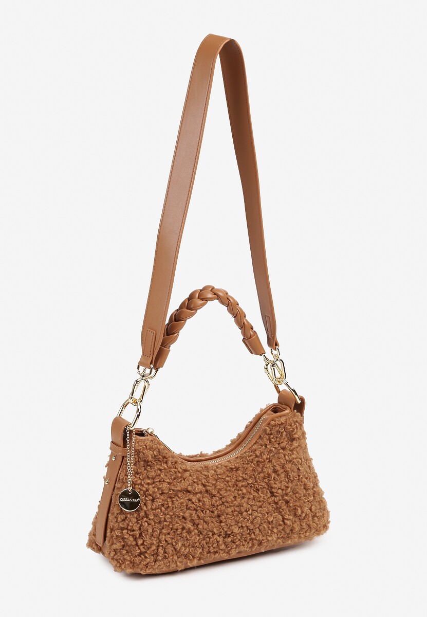 Brązowa Torebka na Ramię z Futerkiem Dodatkowym Paskiem i Breloczkiem Nevanira