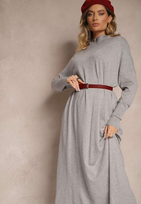 Jasnoszara Pudełkowa Sukienka Sweterkowa z Wiskozą i Golfem Rinnine