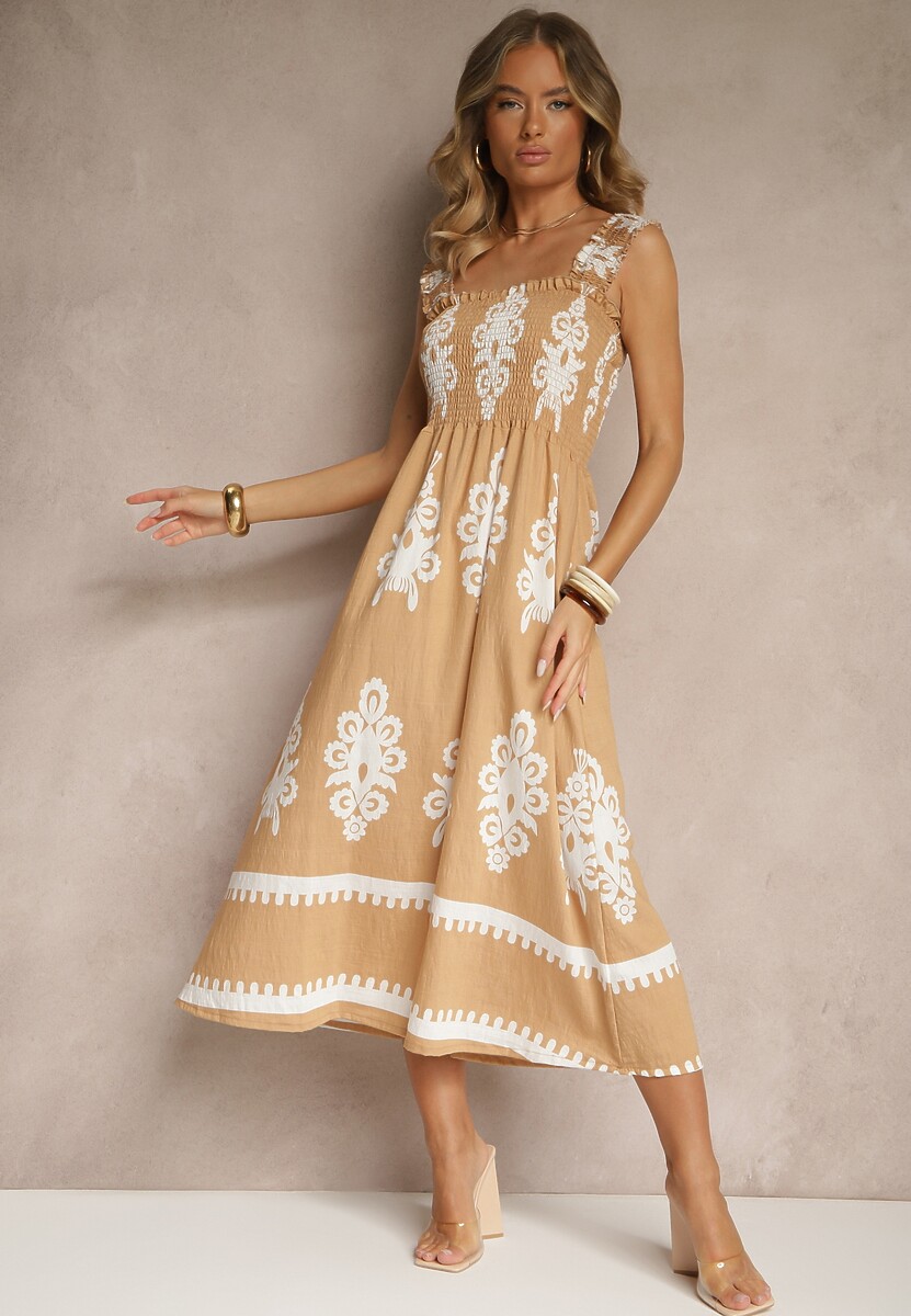 Ciemnobeżowa Rozkloszowana Sukienka z Wiskozy z Ornamentnym Motywem Aloxe