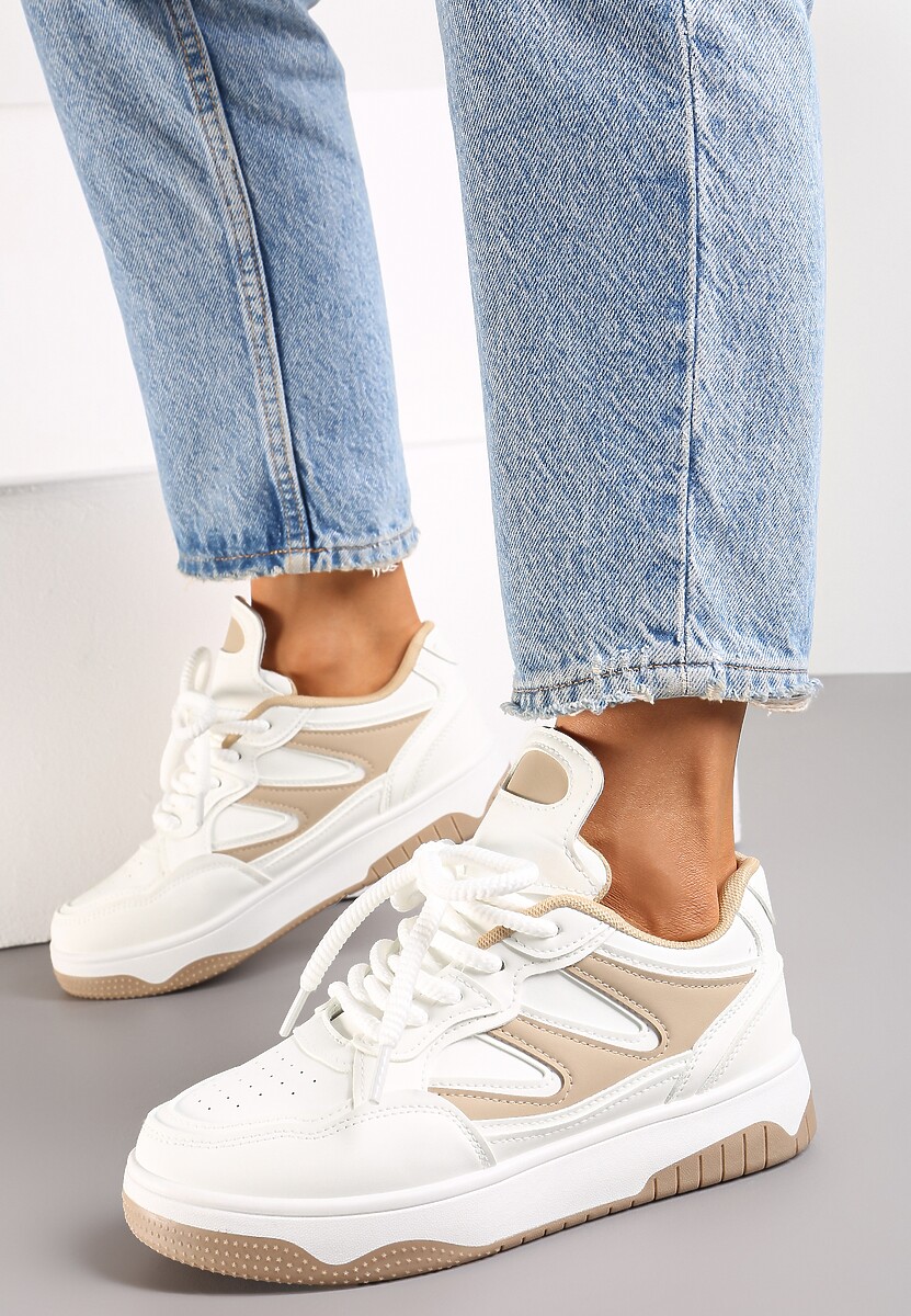 Biało-Beżowe Sneakersy przed Kostkę na Platformie z Wstawkami Losia
