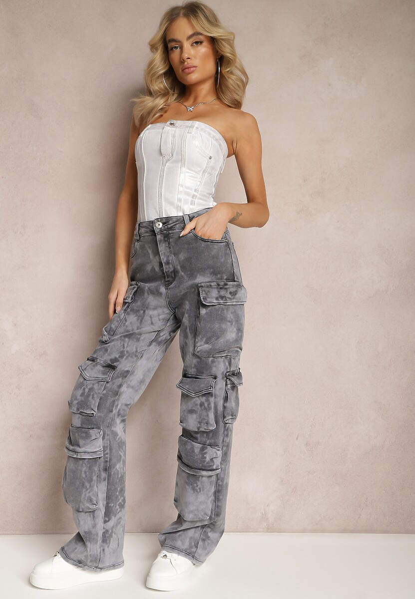 Ciemnoszare Jeansy z Szerokimi Nogawkami i Kieszeniami Cargo z Efektem Sprania Mokasia