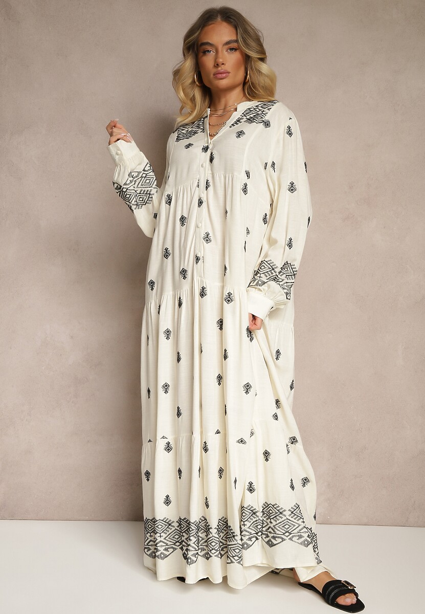 Biało-Czarna Rozkloszowana Sukienka Ozdobiona Haftem i Wzorem Boho Ronavere