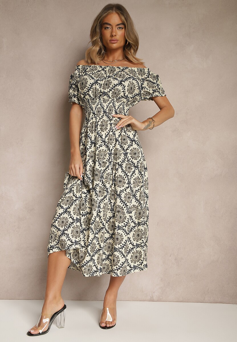 Niebieska Sukienka z Bawełną Ozdobiona Bufiastymi Rękawami Revalle