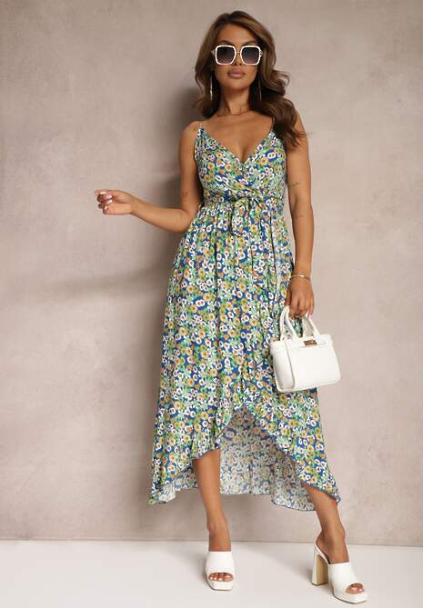 Granatowo-Zielona Sukienka z Bawełny na Ramiączkach z Asymetrycznym Rozcięciem i Dekoltem w Serek Milloa