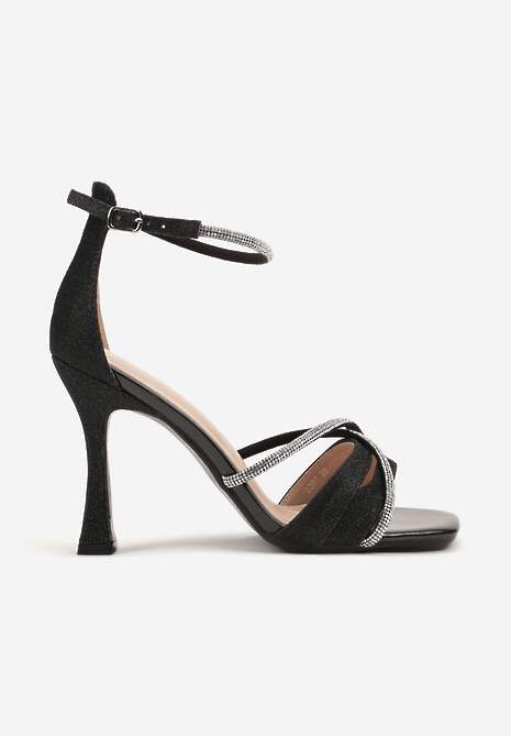 Czarne Sandały na Szpilce z Cyrkoniowymi Paskami Anahira