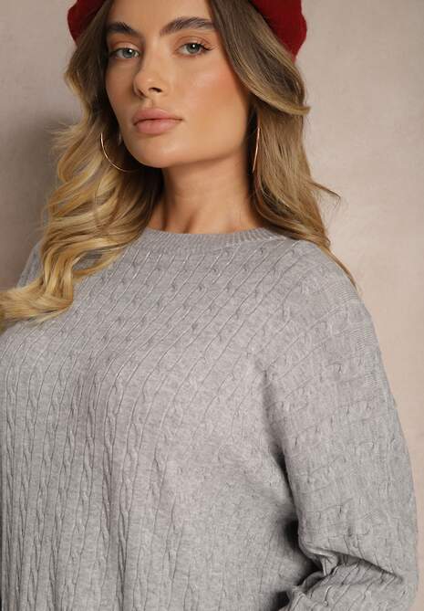 Jasnoszara Sukienka Dzianinowa Ozdobiona Tłoczeniem Gelabra