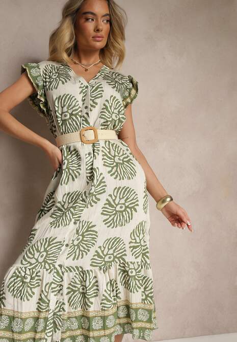 Zielona Sukienka Koszulowa z Wiskozą w Geometryczny Wzór Boredis