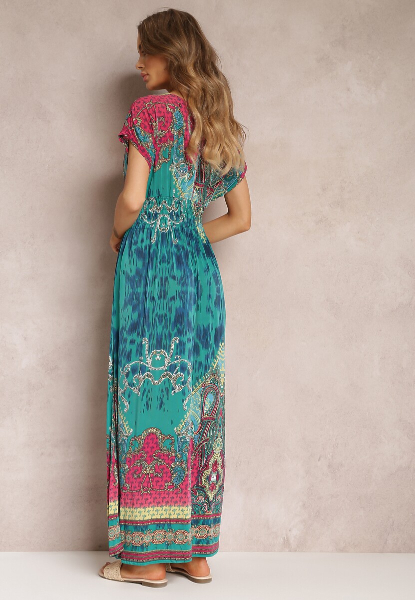 Zielona Sukienka o Kopertowym Kroju w Ornamentalny Print Nalori