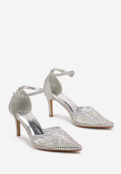 Srebrne Sandały na Szpilce ze Szpiczastym Noskiem z Siateczką w Cyrkonie Lioffa