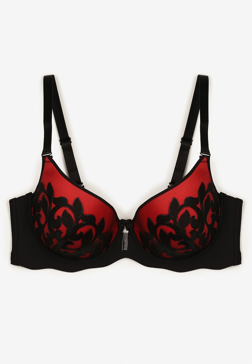 Czarno-Czerwony Biustonosz z Miseczkami Full Cup i Koronką Timapel