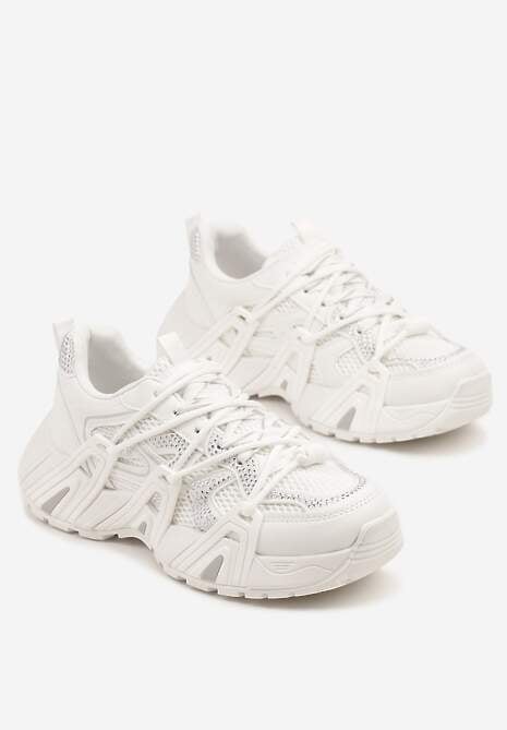 Białe Sneakersy na Platformie z Cyrkoniami i Geometrycznym Wzorem Lavivione