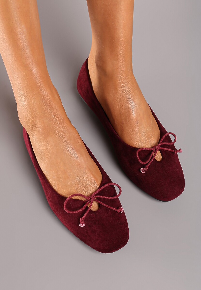 Bordowe Balerinki na Płaskiej Podeszwie z Kokardką i Wycięciami Lerivin