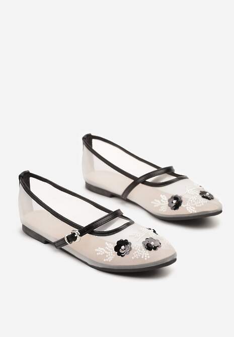 Czarne Balerinki Transparentne w Stylu Mary Jane z Kwiatowymi Zdobieniami Nelritia
