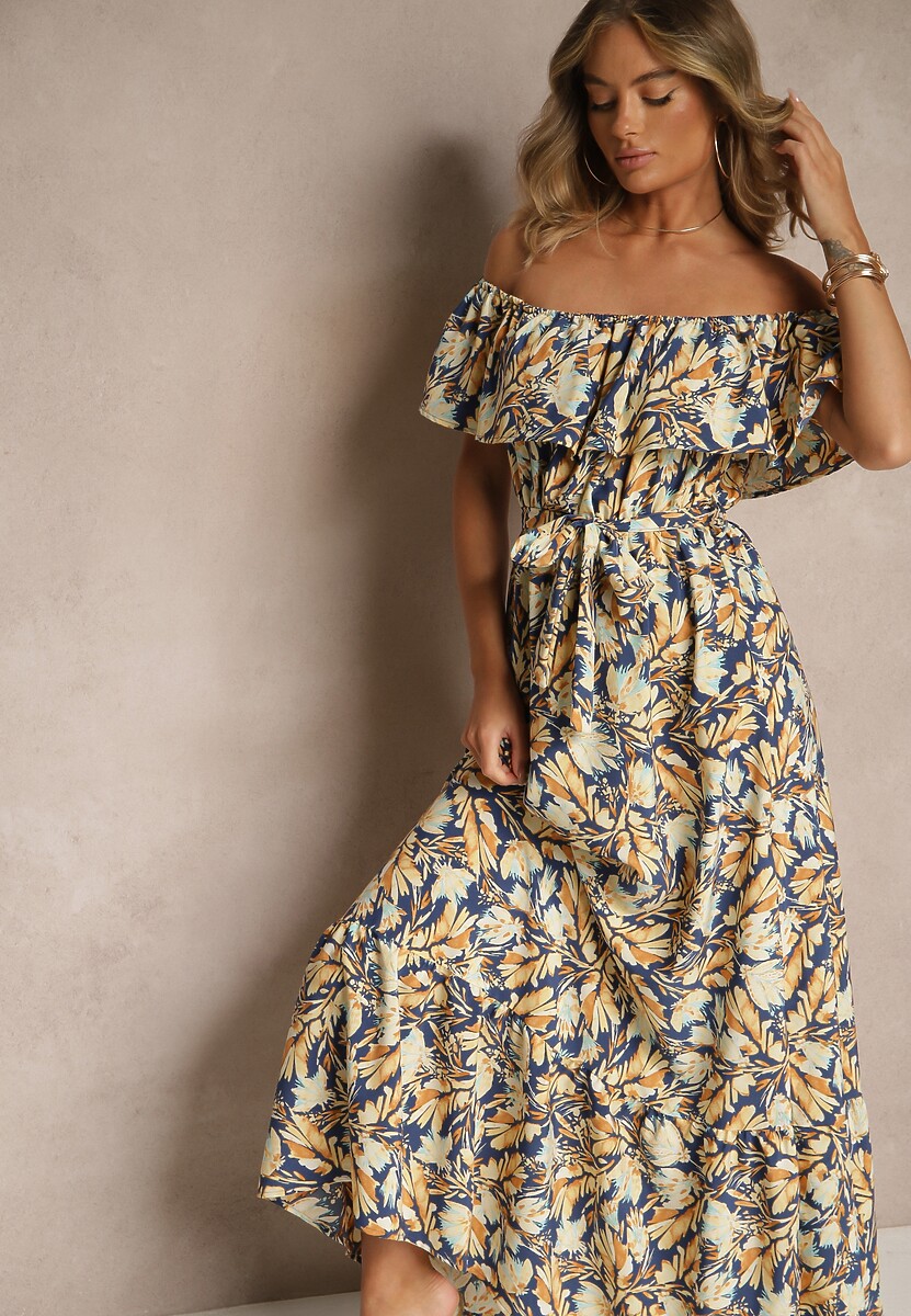 Granatowa Kwiatowa Sukienka Typu Hiszpanka z Bawełną Tiarice