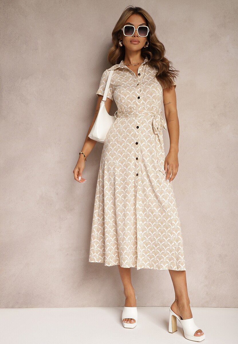 Beżowa Taliowana Sukienka z Wiskozą o Kroju Koszulowym z Guzikami i Paskiem Cosofia