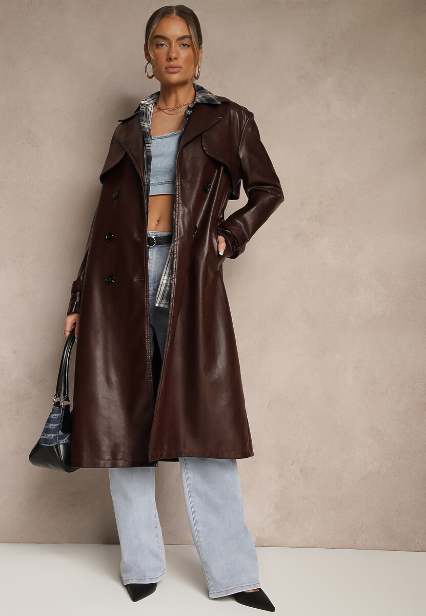 Bordowy Płaszcz Trencz z Imitacji Skóry o Dwurzędowym Fasonie z Paskiem Davialia