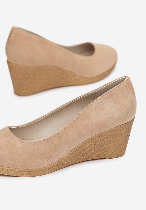 Ciemnobeżowe Czółenka Vices na Plecionym Koturnie ze Skórzaną Wkładką Ebersa