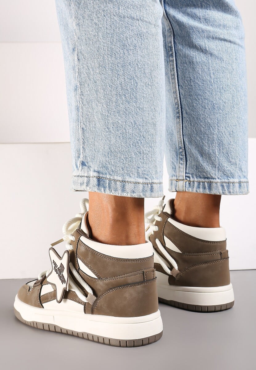 Beżowe Płaskie Sneakersy za Kostkę Ozdobione Gwiazdą Saveline