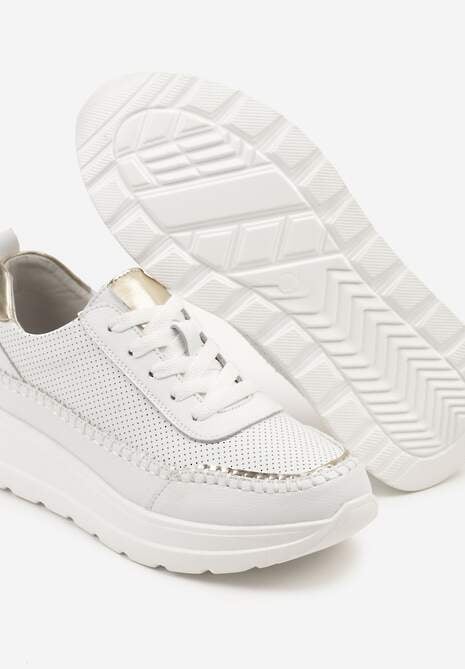 Biało-Złote Sneakersy Skórzane Ozdobione Metalicznymi Wstawkami i Przeszyciami Renosa