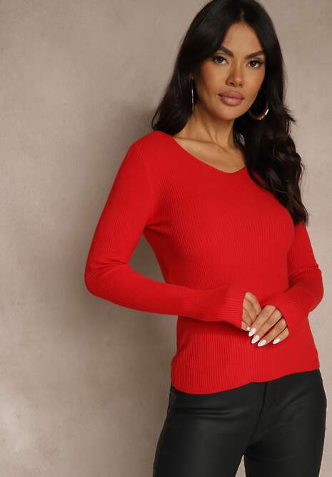 Czerwony Sweter z Bawełną z Prążkowanej Dzianiny Reisaria