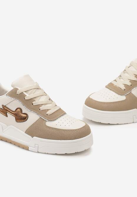 Ciemnobeżowe Sznurowane Sneakersy na Grubej Podeszwie z Brokatowym Zdobieniem Anaieli