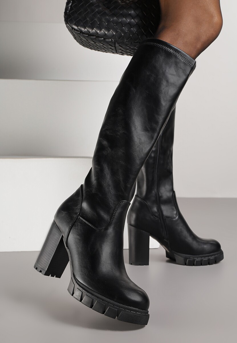 Czarne Kozaki na Słupku i Platformie z Dopasowaną Cholewką Latallea