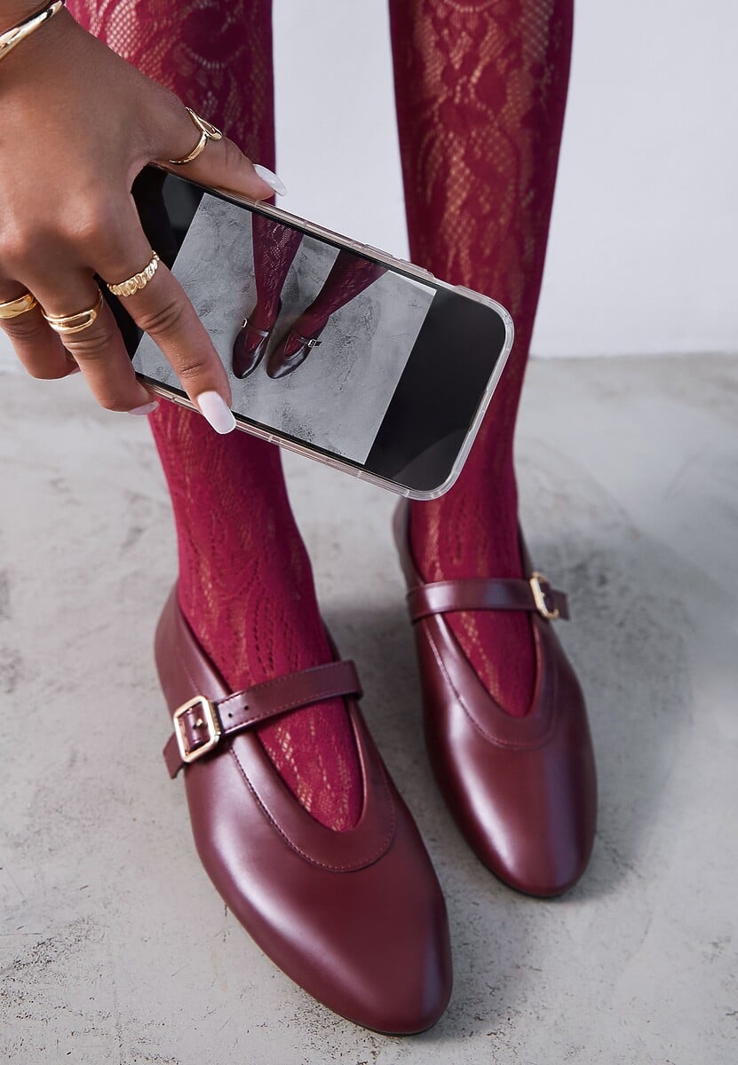 Bordowe Balerinki Vices w Stylu Mary Jane z Klamerką i Skórzaną Wkładką Dimaline