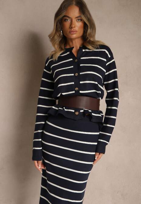 Granatowy Komplet z Wiskozą Spódnica i Bluzka z Guzikami Ozdobione Paskami Forrive