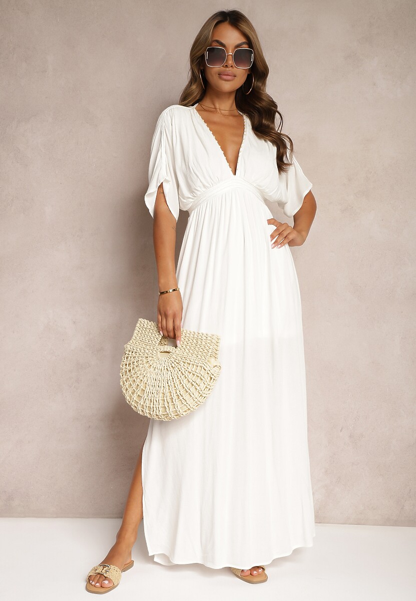 Biała Rozkloszowana Sukienka Maxi z Gumką w Talii z Lnu i Wiskozy Jackina