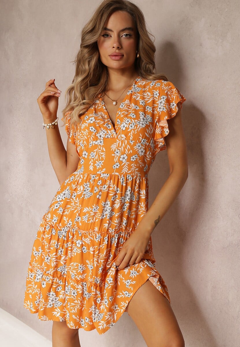 Pomarańczowa Rozkloszowana Sukienka z Wiskozy i Falbankami Brindisi
