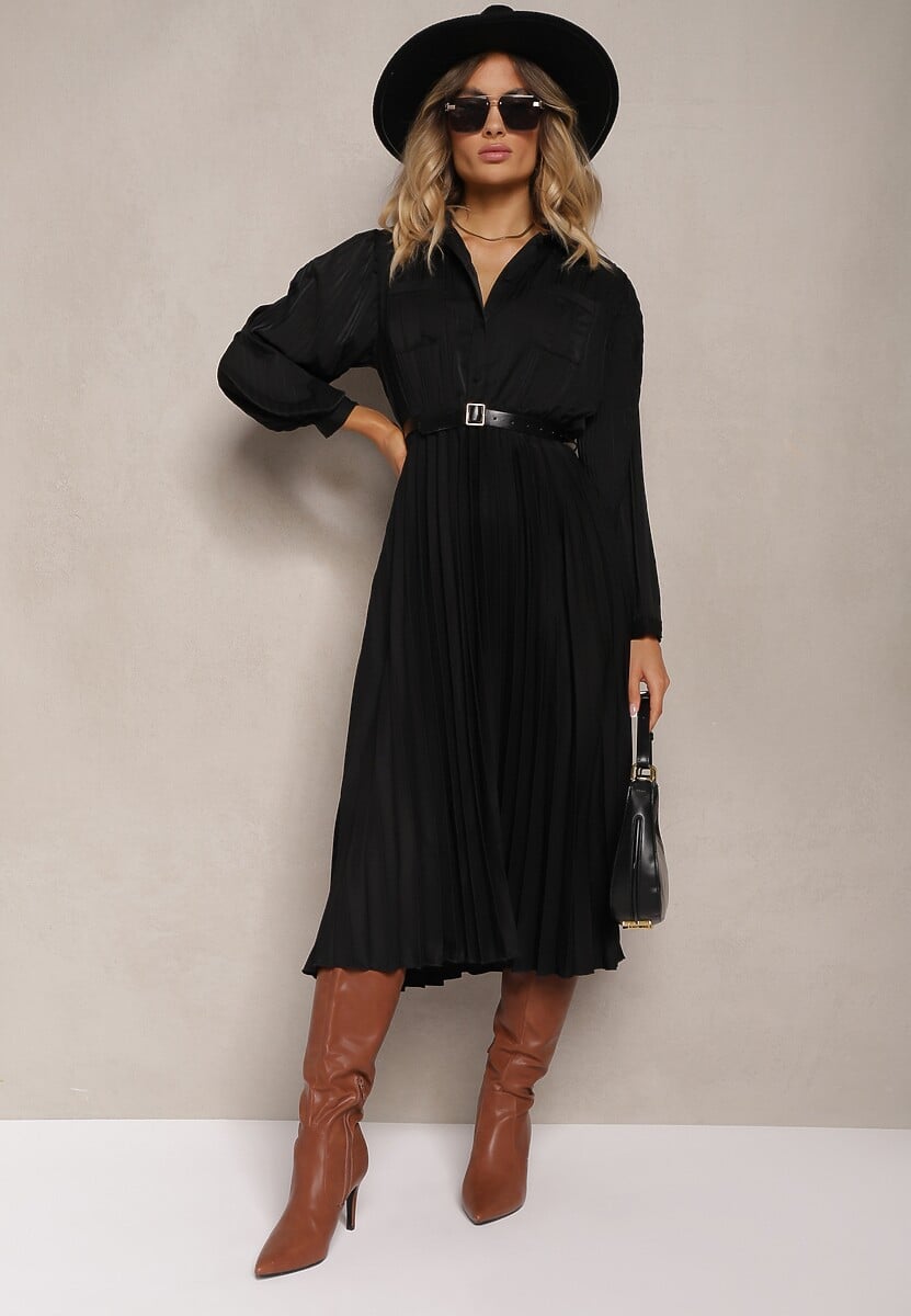 Czarna Rozkloszowana Sukienka Midi z Guzikami i Paskiem Ozdobiona Plisowaniem Lathori