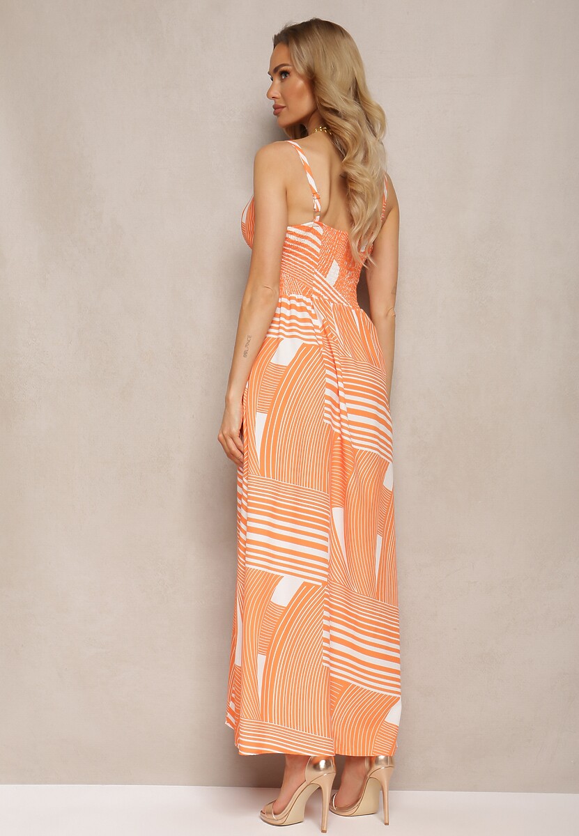Pomarańczowa Sukienka z Regulowanymi Ramiączkami z Gumkami z Tyłu i Rozcięciami Fatoria
