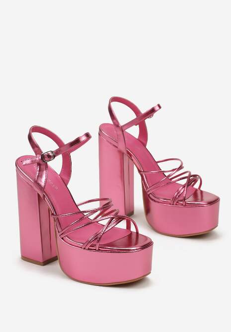 Fuksjowe Sandały na Wysokim Słupku i Platformie z Cienkimi Paskami Tolme