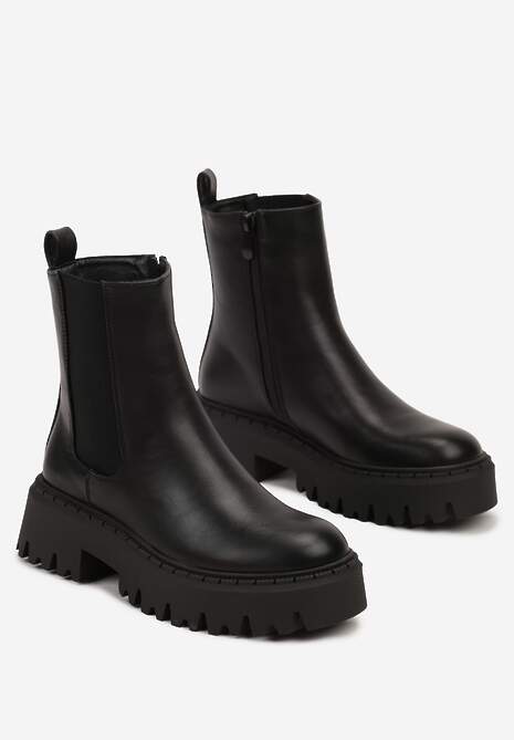 Czarne Botki na Płaskiej Podeszwie w Stylu Sztybletów z Elastyczną Wstawką Betilda