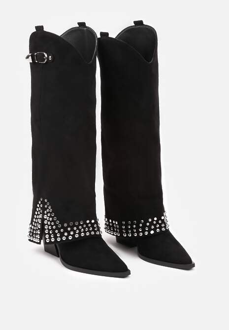 Czarne Kozaki w Stylu Kowbojek z Nitami i Wywiniętą Cholewką Irimora