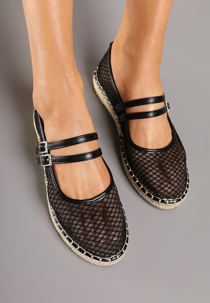 Czarne Siateczkowe Espadryle Ozdobione Paskami i Plecionką Tullexia