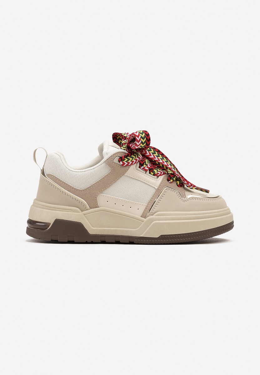 Ciemnobeżowe Sneakersy na Płaskiej Podeszwie z Grubymi Sznurówkami i Przeszyciami Joliat